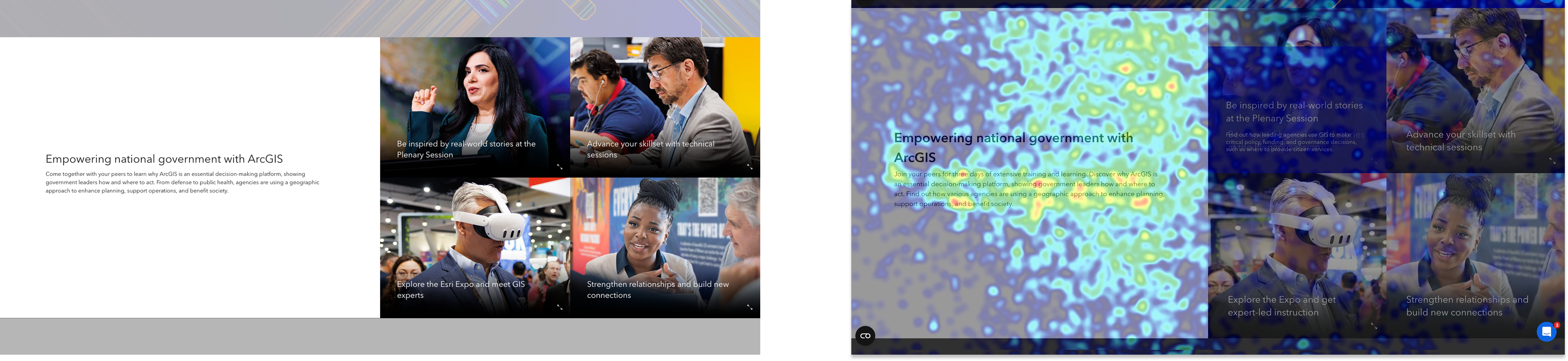 FedGIS event page shown alongside its Mouseflow interaction visualization, showing limited activity around the promotional tiles